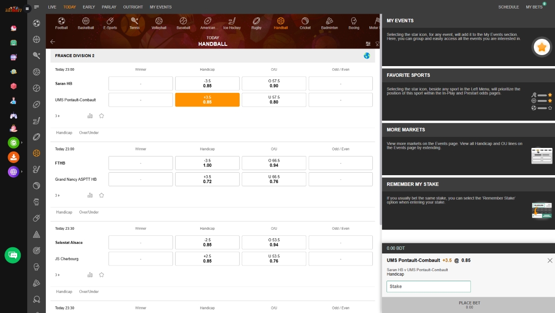 Handball betting interface showing France Division 2 odds for matches like Saran HB vs UMS Pontault-Combault