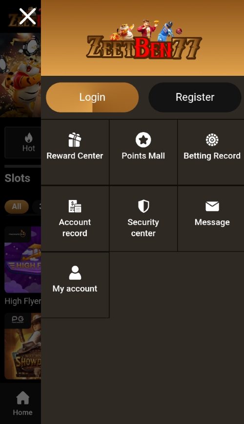 Login and registration pop-up menu of ZeetBen77 casino with access to reward center and betting record