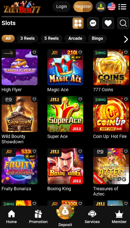 Slot games category view on ZeetBen77 mobile showing High Flyer, Magic Ace, and Fruity Bonanza slots