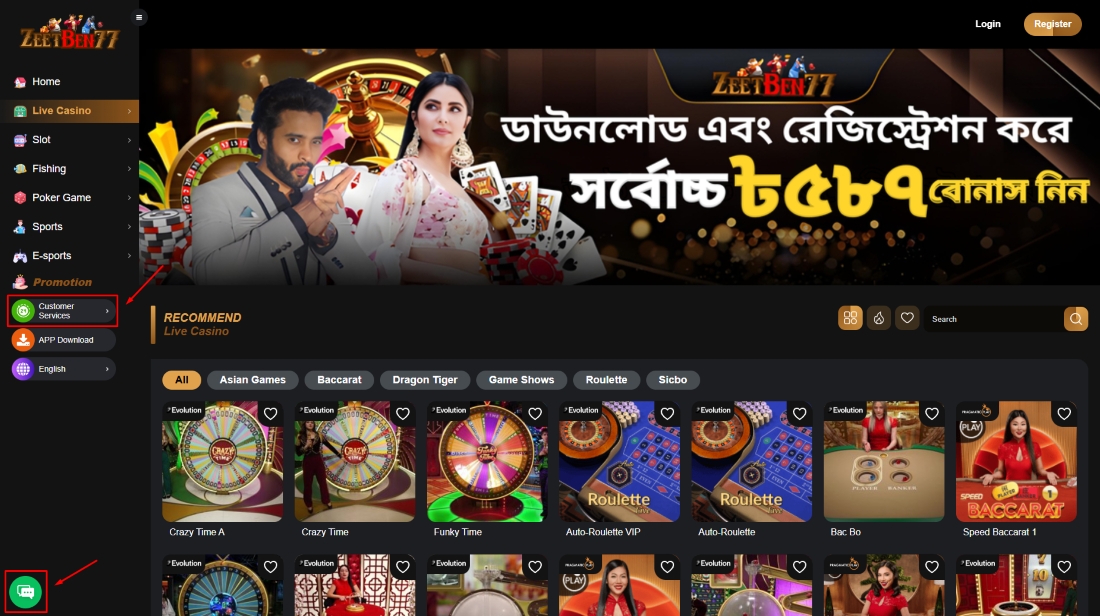 ZeetBen77 Live Casino page showing banner with Indian models and Crazy Time games