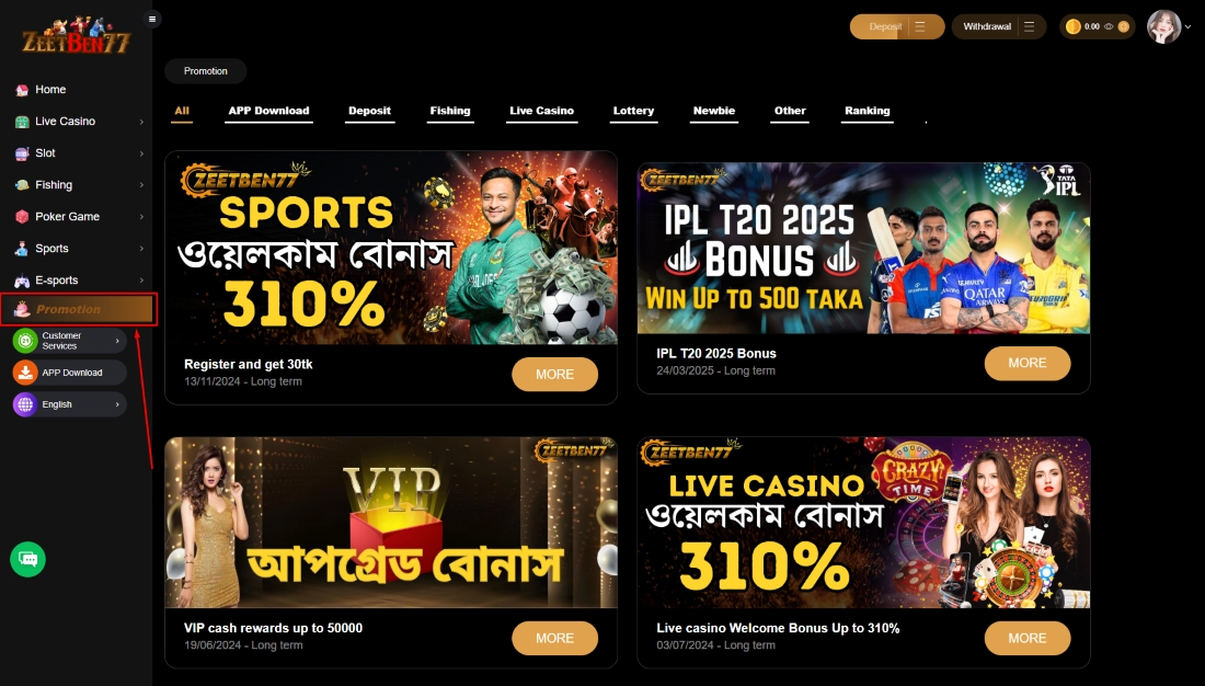 Zeetben77 homepage showing sports and casino bonus banners with various offers and celebrity images